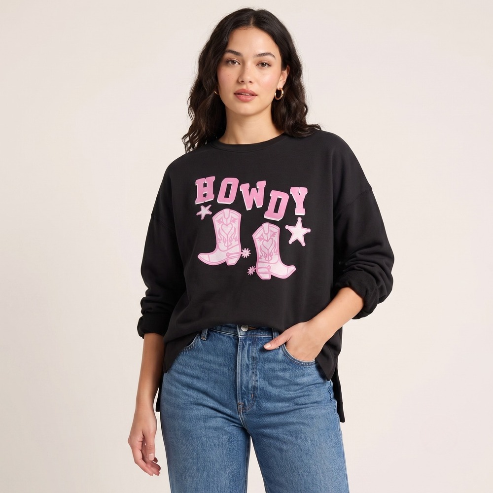 Relaxx Womens Large Black Sweatshirt Howdy Cowboy Boots Western Graphic Pullover